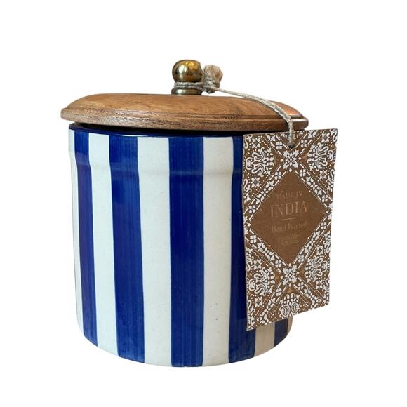 Hand Painted Striped Ceramic Canister w/ Wood Lid Made in India Blue Cream 5" - Picture 10 of 11